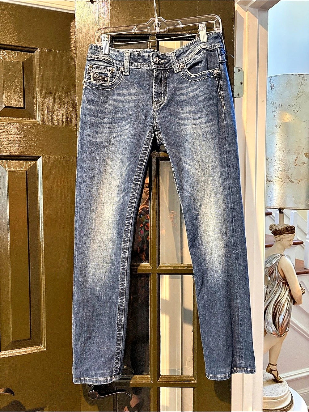 Miss Me Skinny Embellished Jeans in Blue Waist 30